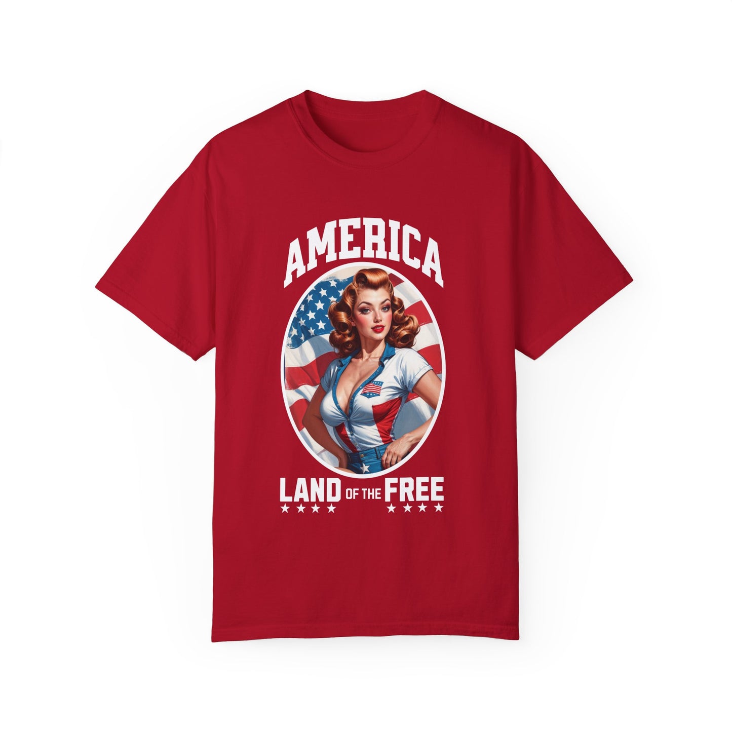 America Land of the Free Dream Pin-Up T-Shirt – Fiery Redhead Edition! 🇺🇸🔥