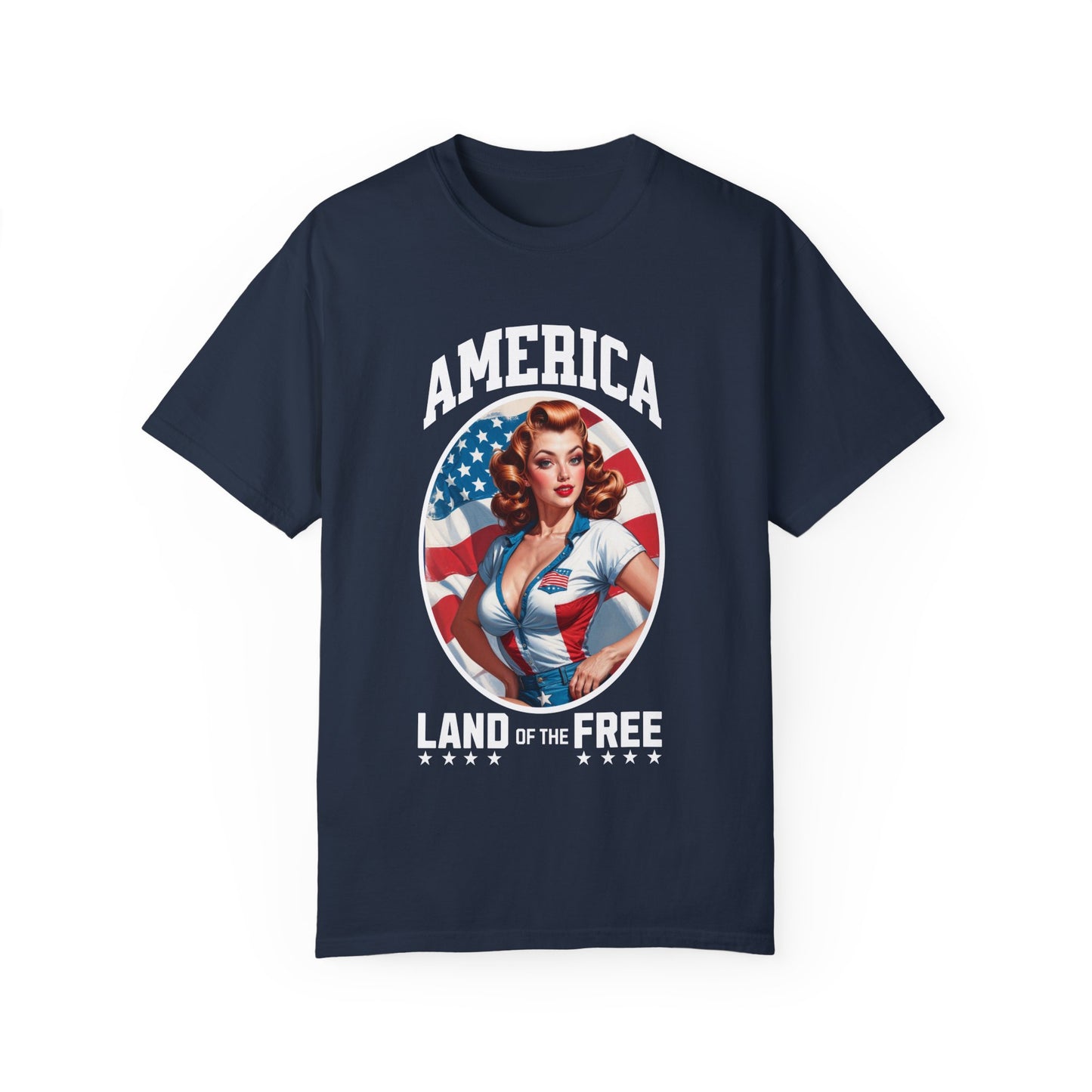 America Land of the Free Dream Pin-Up T-Shirt – Fiery Redhead Edition! 🇺🇸🔥