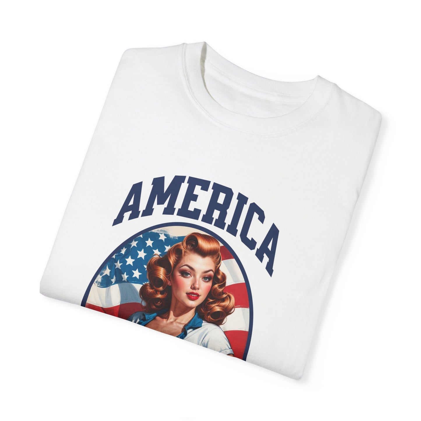 America Land of the Free Dream Pin-Up T-Shirt – Fiery Redhead Edition! 🇺🇸🔥