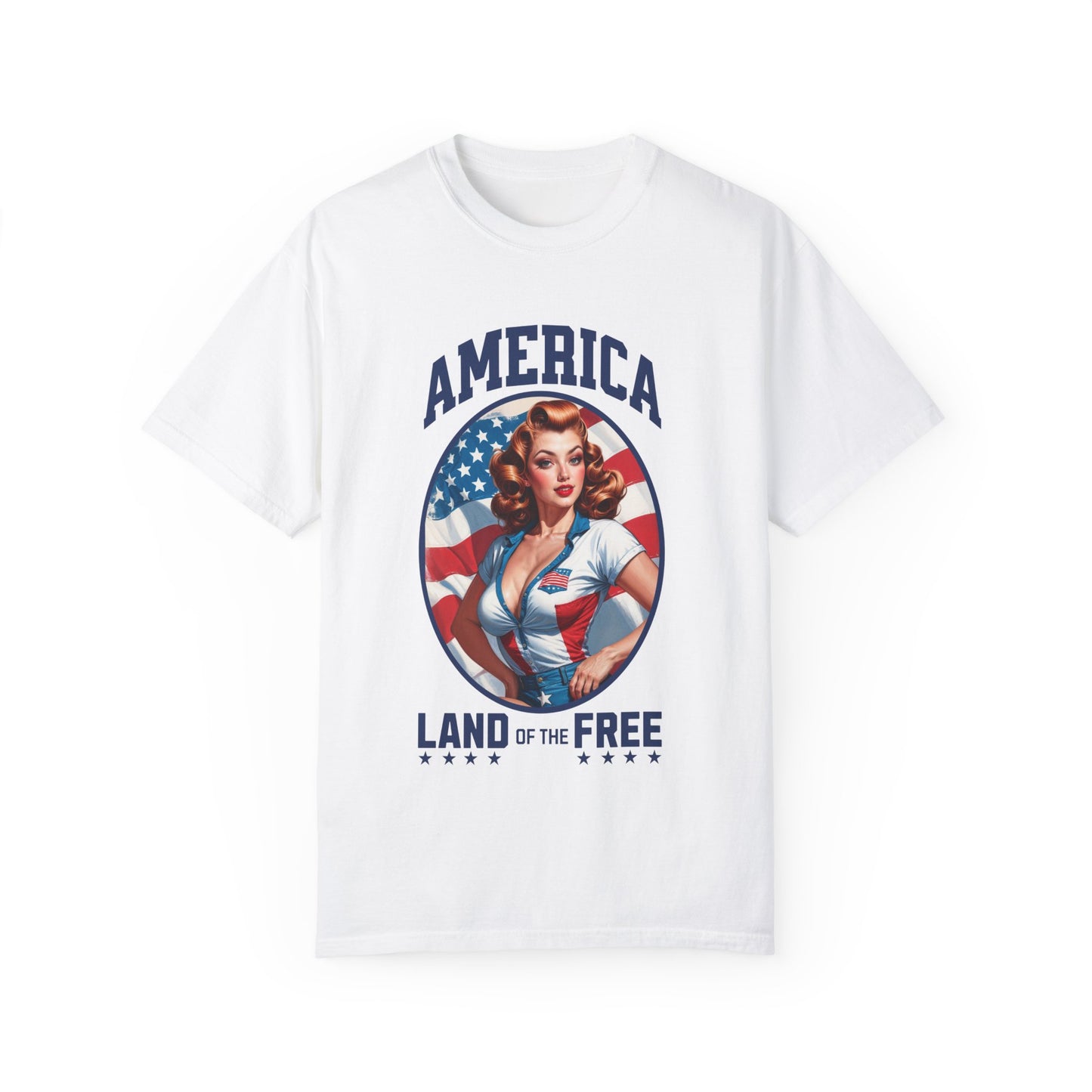 America Land of the Free Dream Pin-Up T-Shirt – Fiery Redhead Edition! 🇺🇸🔥