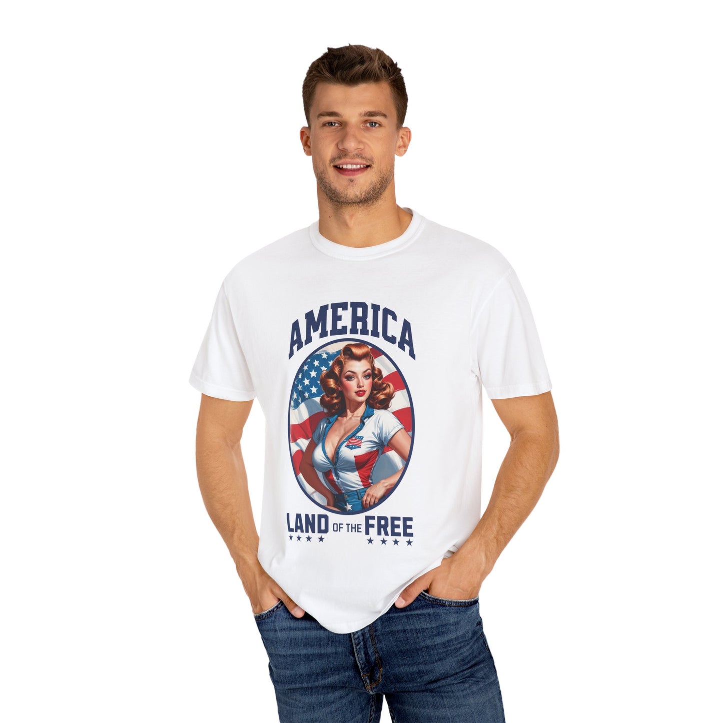 America Land of the Free Dream Pin-Up T-Shirt – Fiery Redhead Edition! 🇺🇸🔥