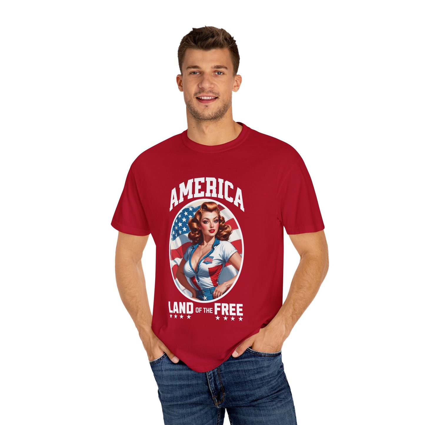 America Land of the Free Dream Pin-Up T-Shirt – Fiery Redhead Edition! 🇺🇸🔥